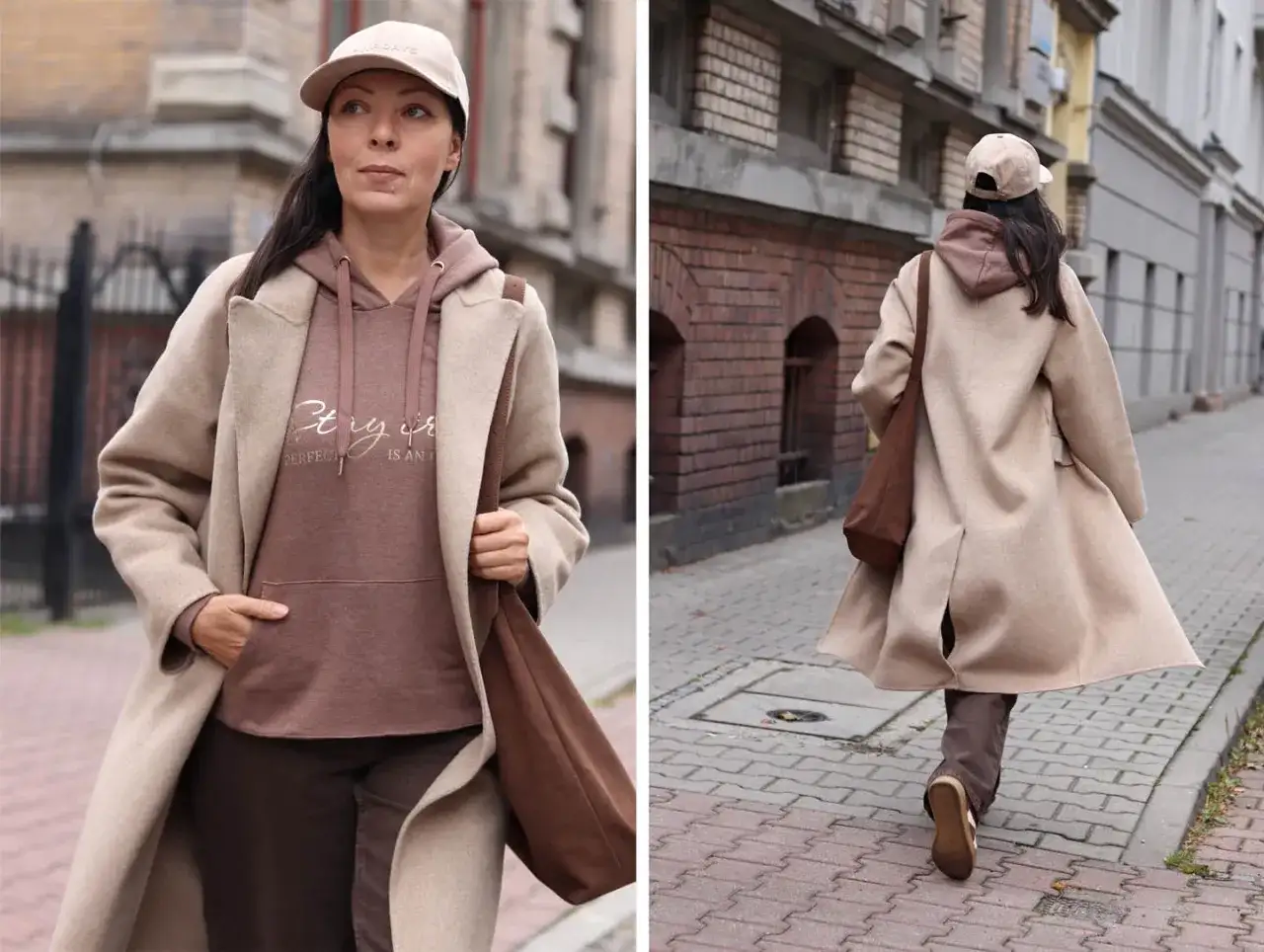 Kobieta w płaszczu w kolorze mlecznej kawy, z bluzą i czapką w podobnym odcieniu, spaceruje ulicą.