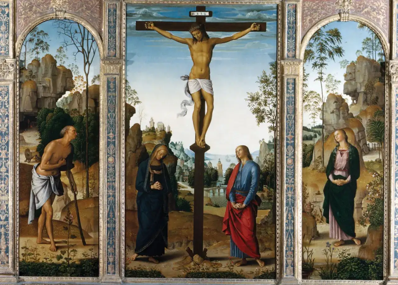 Stabat Mater Dolorosa – obraz przedstawiający ukrzyżowanie Jezusa, Matkę Bożą i św. Jana.