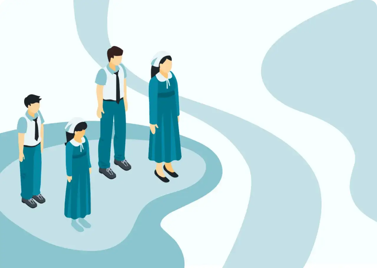 Uważaj na objawy sekciarstwa w ruchach religijnych. Ilustracja przedstawia grupę ludzi w jednolitych strojach, symbolizującą potencjalne zagrożenie.