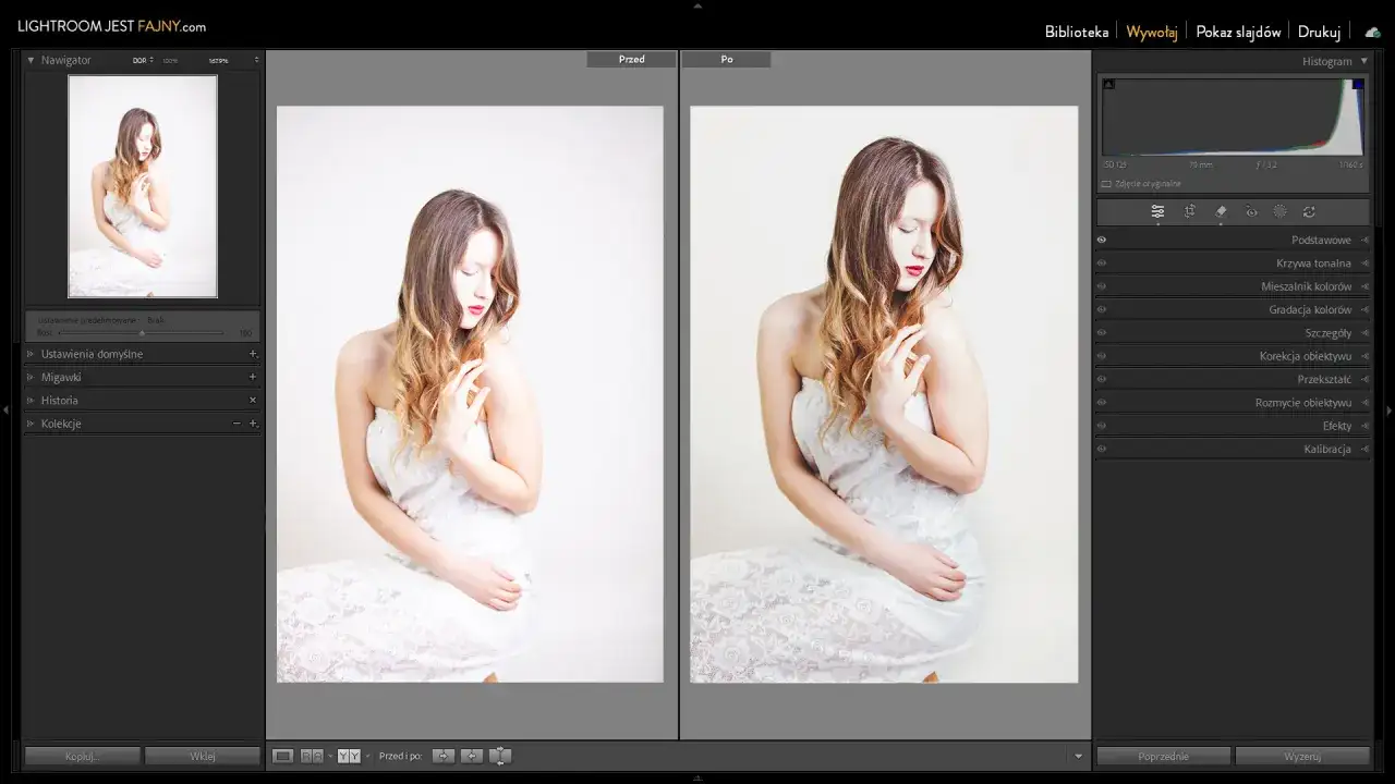 Kobieta w białej sukni, porównanie przed i po obróbce zdjęć w programie Lightroom.