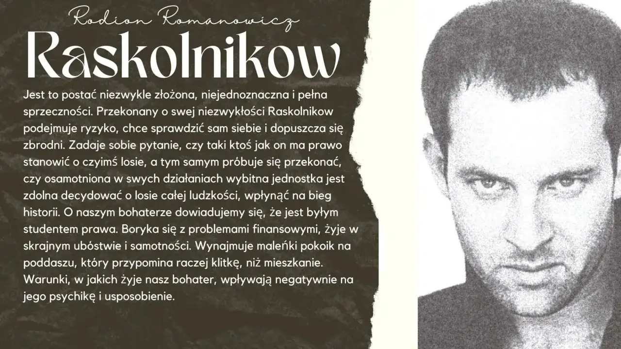 Portret Raskolnikowa, bohatera o złożonej psychice, który w **snach świdrygajłowa** zmaga się z własnymi dylematami moralnymi i poczuciem wyobcowania.