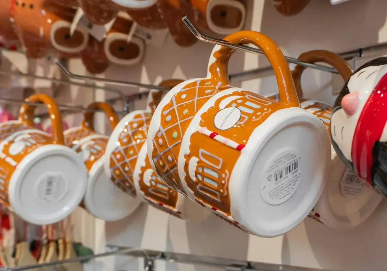 Tazas con diseño de casa de jengibre, como si un **flying tiger** las hubiera decorado.