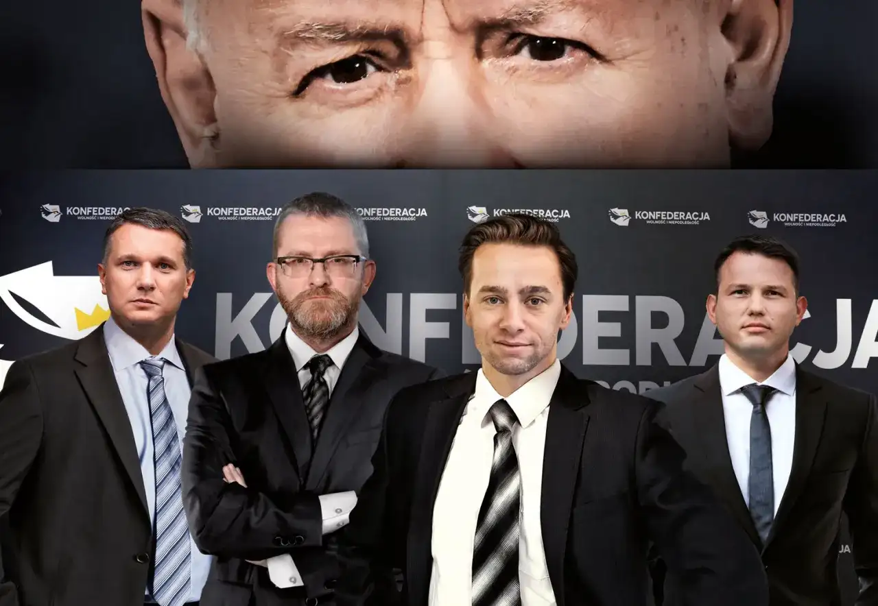 Konfederacja liderzy w garniturach na tle logo partii. W górnej części kadru widać fragment twarzy starszego mężczyzny.