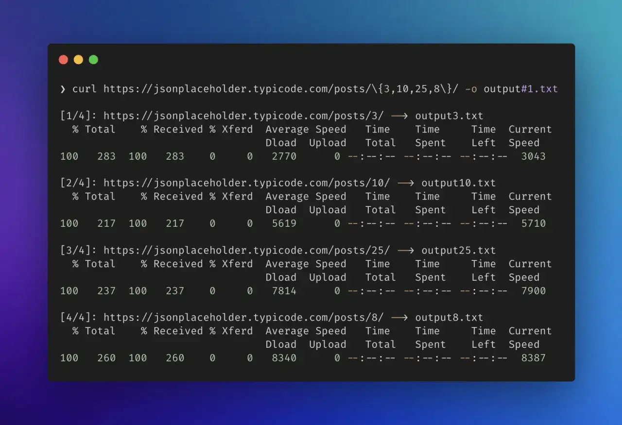 Terminal z poleceniem curl pobierającym dane z API. Widzimy postęp pobierania, prędkość i czas. Curl to narzędzie do transferu danych.