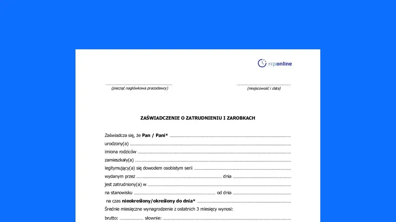 Zaświadczenie o zatrudnieniu i zarobkach z systemu erp-7. Dokument zawiera dane pracownika, jego zatrudnienie i zarobki.