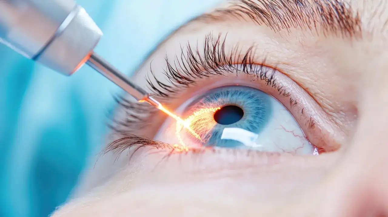 Laserowa irydotomia oka, która może powodować zaburzenia widzenia po zabiegu.