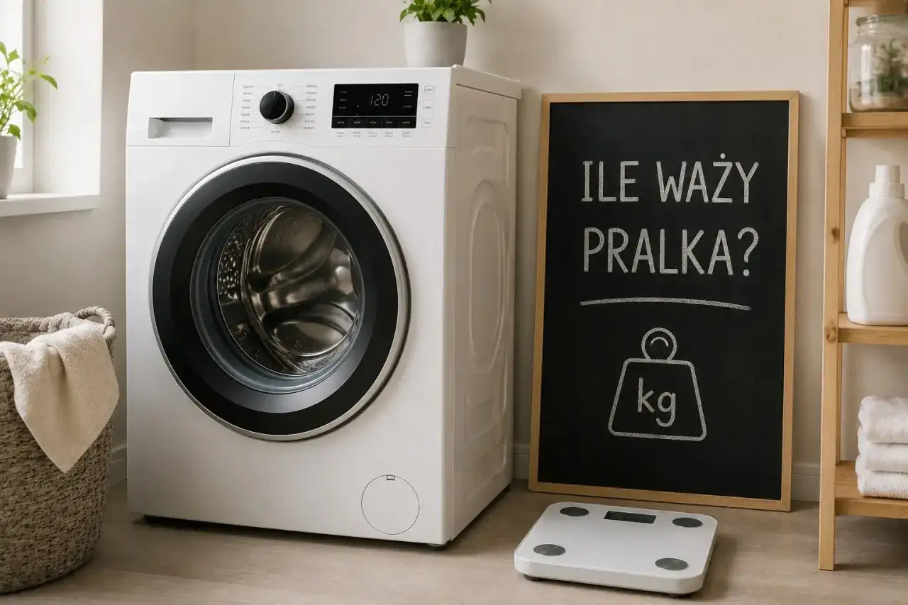 Biała pralka obok tablicy z napisem "Ile waży pralka?" i wagą łazienkową.