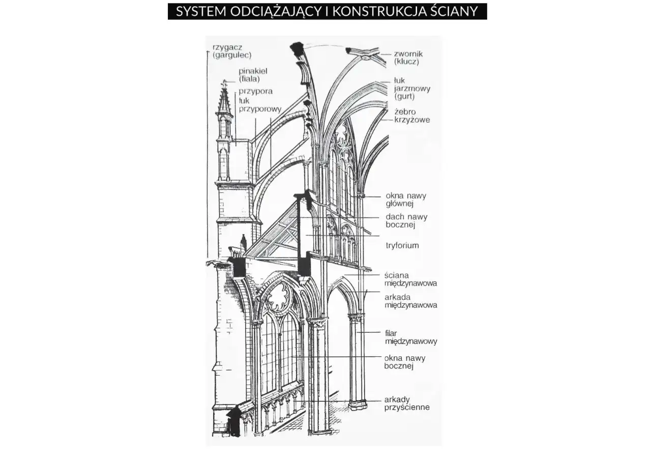 Przekrój architektoniczny ukazujący system odciążający i konstrukcję ściany w stylu gotyk, z elementami jak przypory, łuki i żebra krzyżowe.