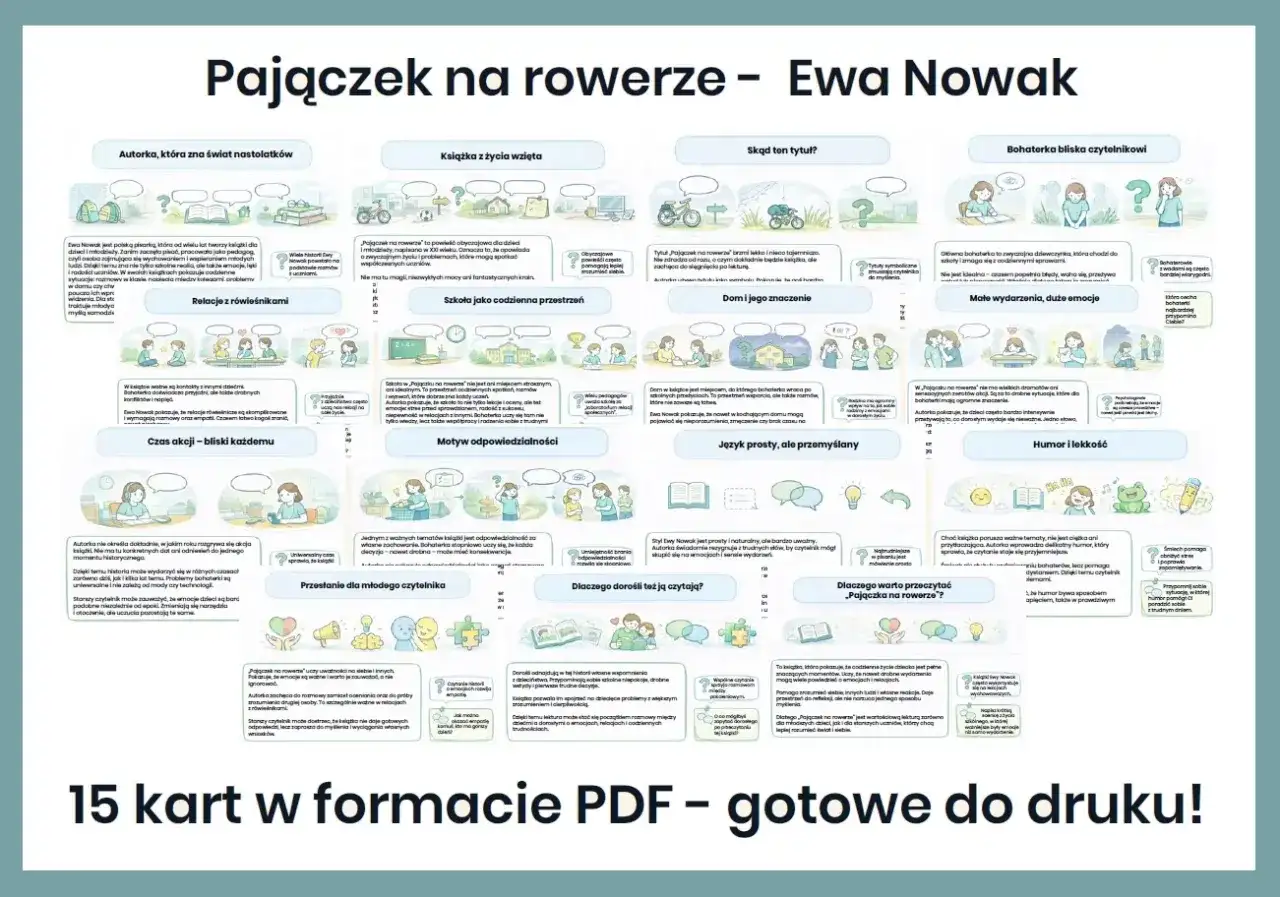Pajączek na rowerze – streszczenie. Ewa Nowak stworzyła książkę bliską czytelnikowi, z prostym językiem i humorem.