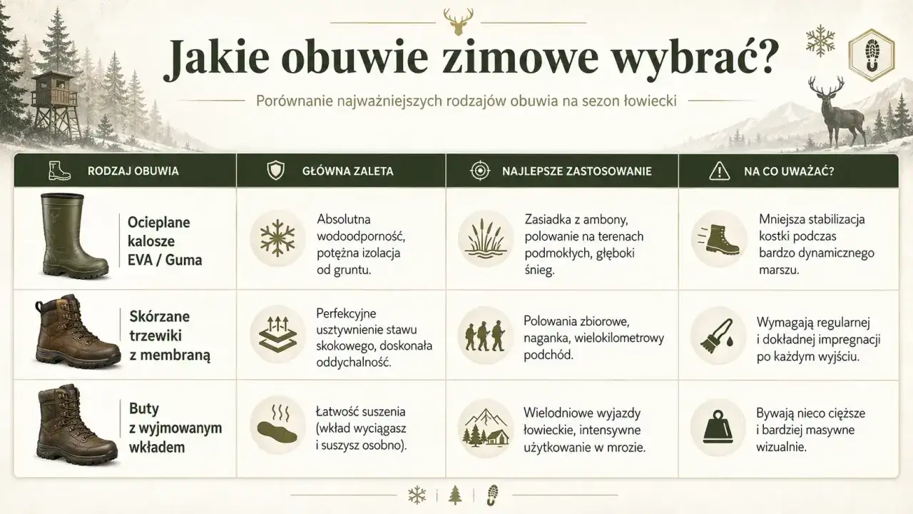 Porównanie zimowego obuwia łowieckiego: kalosze EVA, skórzane trzewiki z membraną i buty z wyjmowanym wkładem.