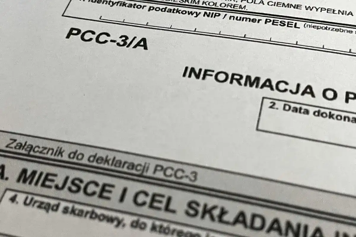 Fragment deklaracji PCC-3/A z informacją o podatku od czynności cywilnoprawnych.