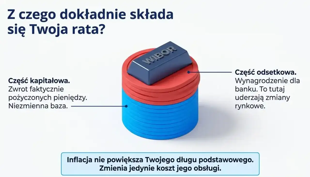 Wibor to kluczowy element raty kredytu, symbolizujący część odsetkową. Grafika pokazuje, jak składa się rata: część kapitałowa i odsetkowa, gdzie wibor wpływa na tę drugą.