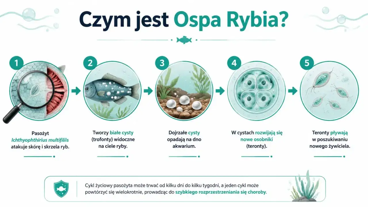 Cykl rozwojowy pasożyta powodującego ospę u ryb akwariowych: od ataku na skórę, przez tworzenie cyst, po uwolnienie nowych terontów szukających żywiciela.