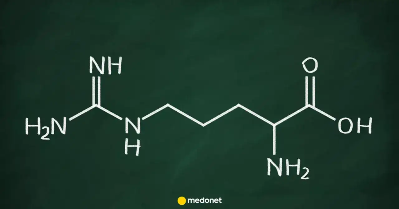 Struktura chemiczna argininy, aminokwasu ważnego dla organizmu.
