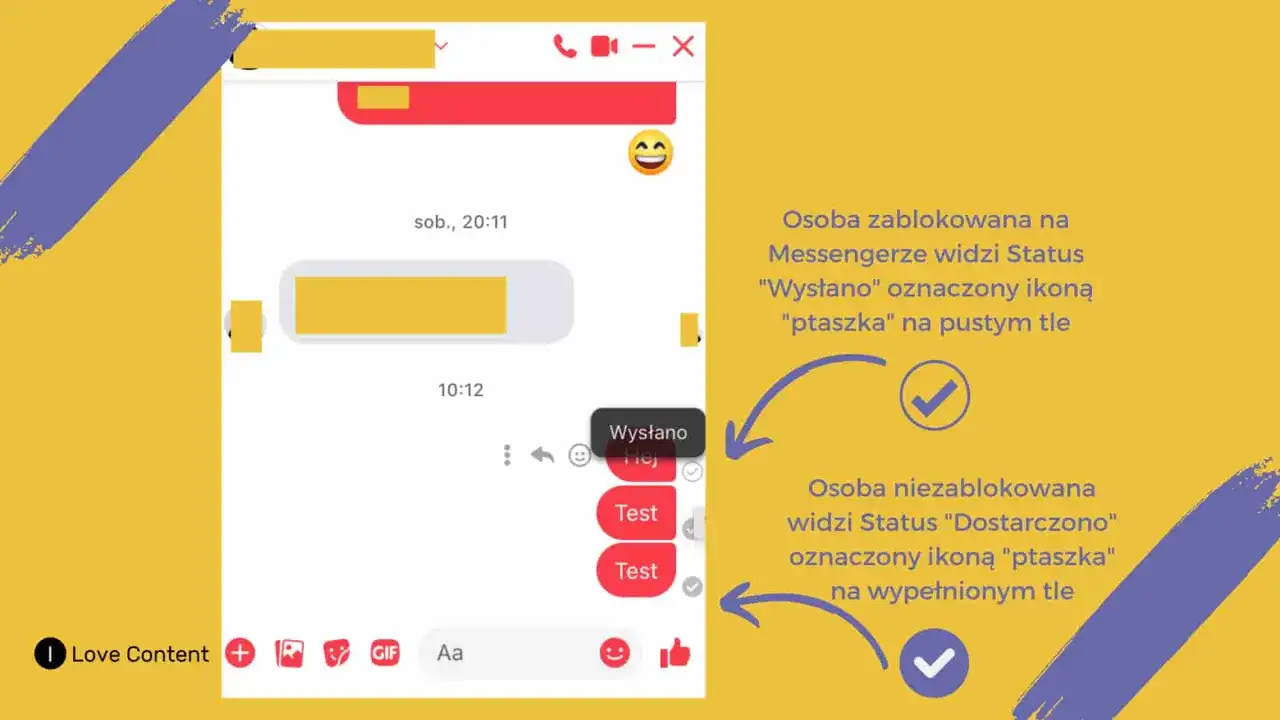 Jak sprawdzić czy ktoś cię zablokował na Messengerze? Zablokowana osoba widzi status "Wysłano" z pustym ptaszkiem, niezablokowana "Dostarczono" z pełnym.