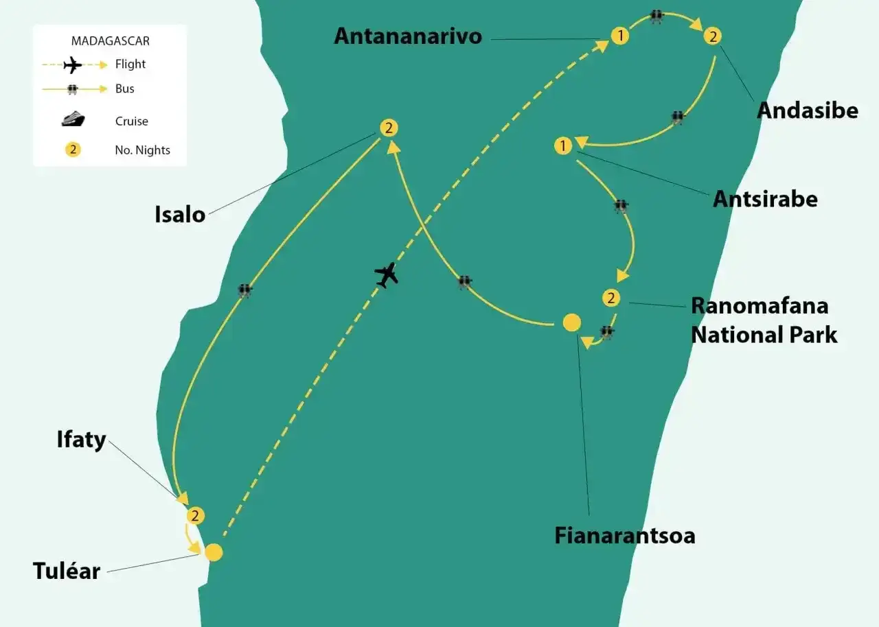 Mapa Madagaskaru z trasą podróży: loty, autobusy i noclegi. Zastanawiasz się, ile się leci na Madagaskar? Ta mapa pokazuje, jak podróżować po wyspie.