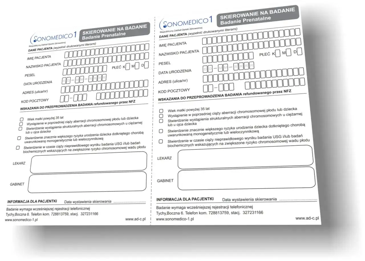 Dwa formularze skierowania na badanie prenatalne, z polami do wypełnienia danych pacjenta i wskazaniami do badań.