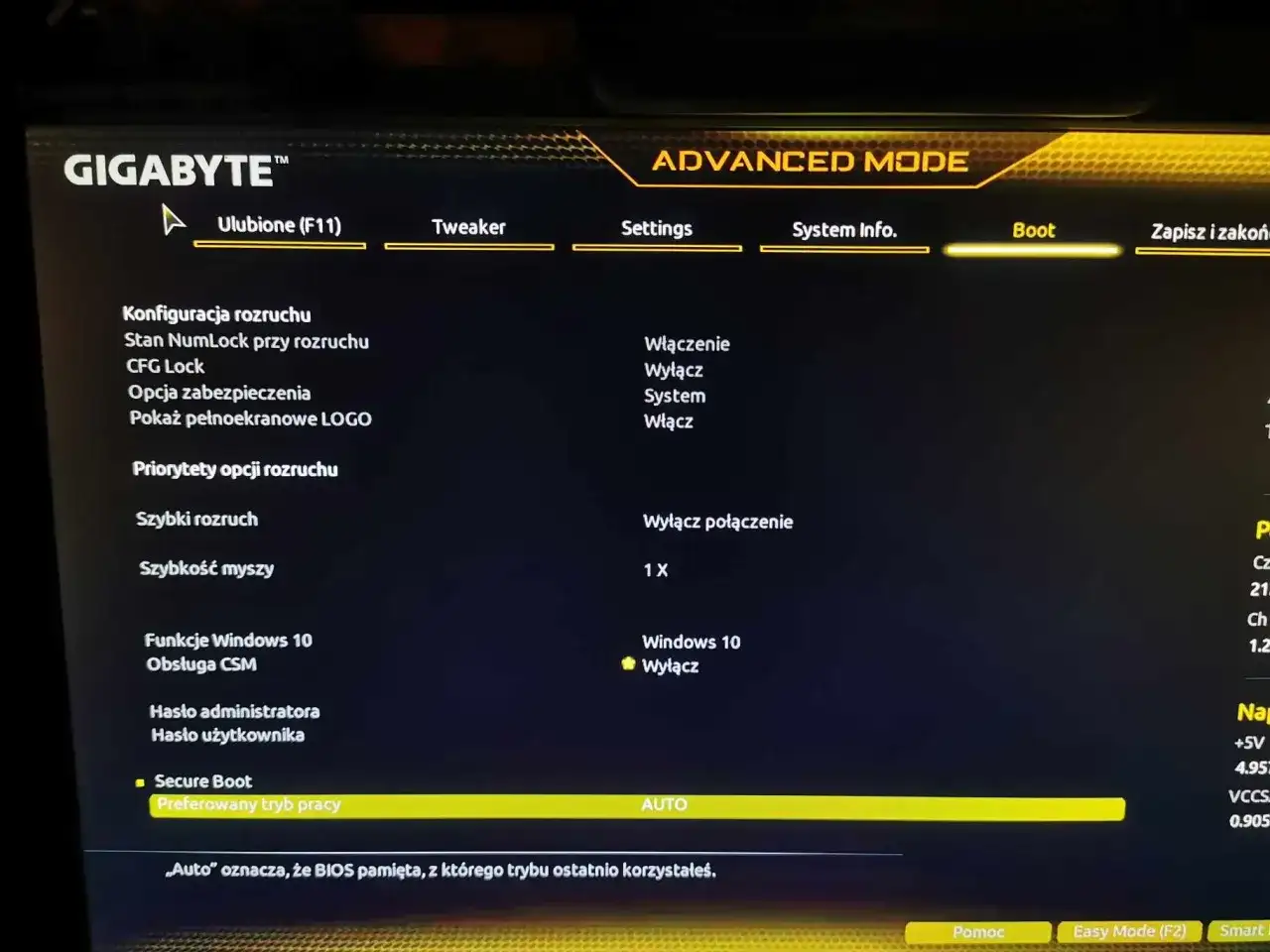 Zaawansowany tryb BIOS GIGABYTE z opcjami rozruchu i Secure Boot.