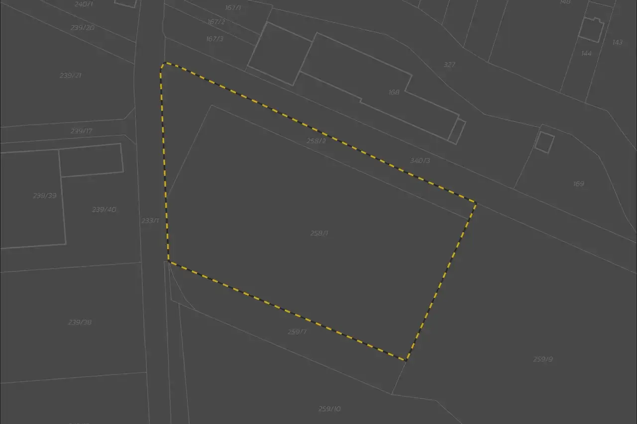 Mapa ewidencyjna z zaznaczoną działką 258/1. Jak znaleźć właściciela działki? Sprawdź numer ewidencyjny i sąsiednie działki.