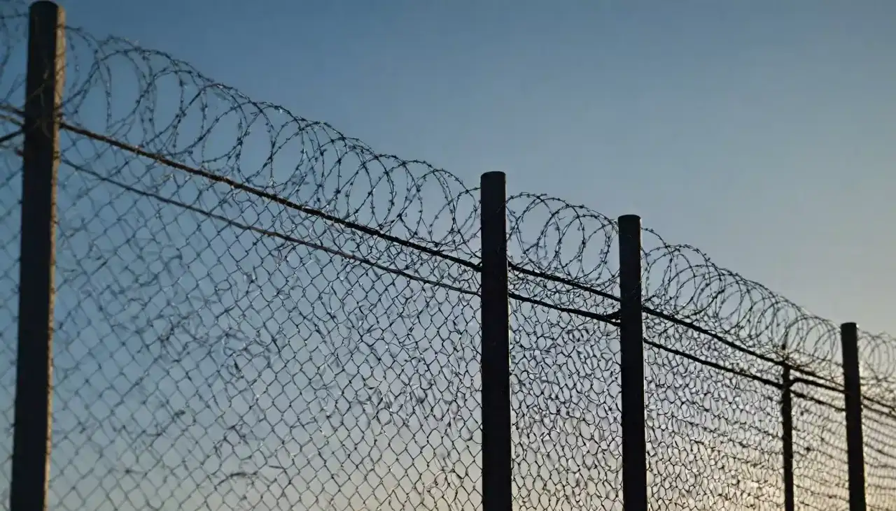 Ogrodzenie z siatki z drutem kolczastym na górze, przypominające o przepisach dotyczących bezpieczeństwa.