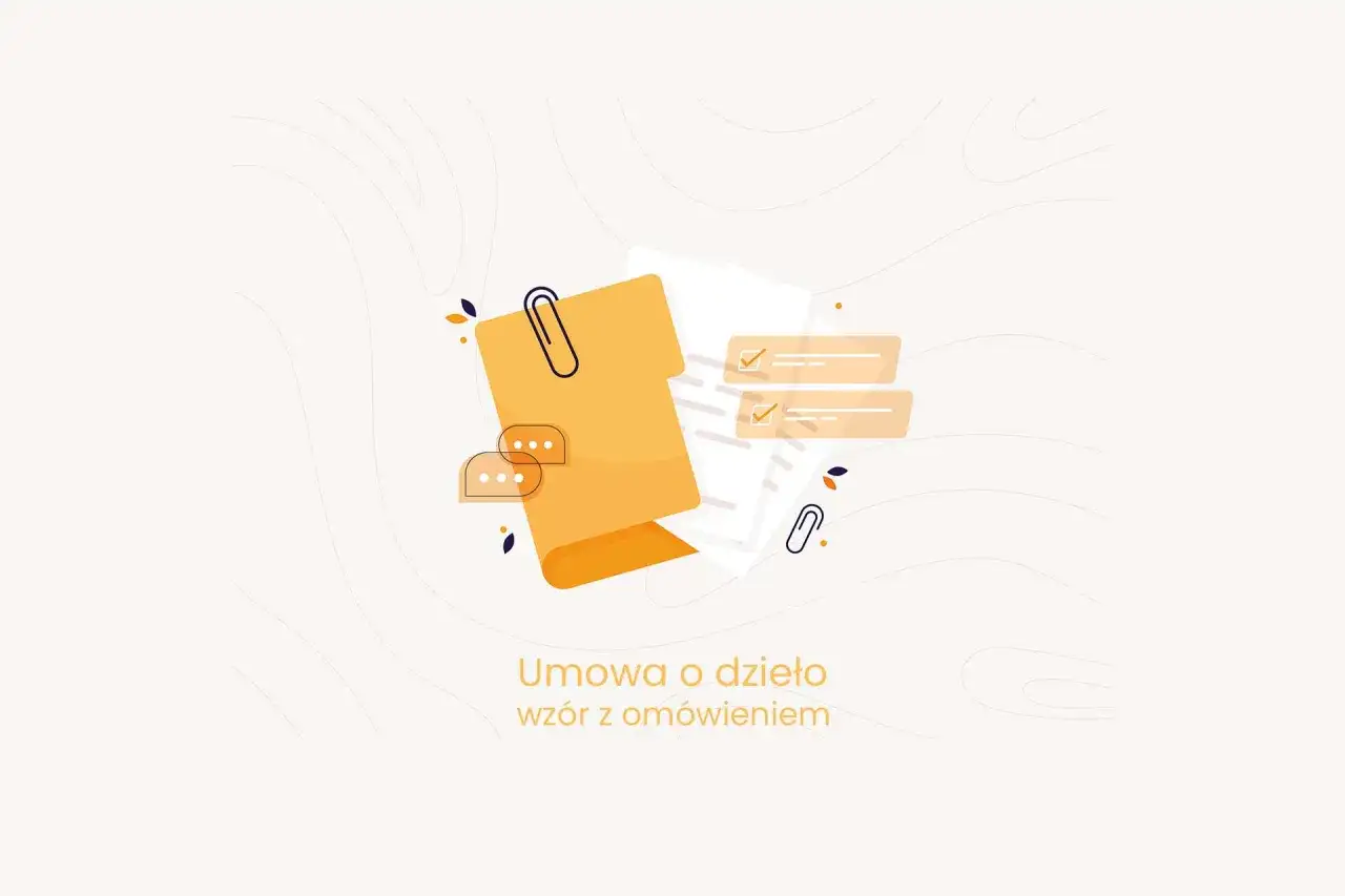 Ilustracja przedstawia dokumenty, spinacz i dymki czatu, symbolizujące umowę o dzieło po angielsku.