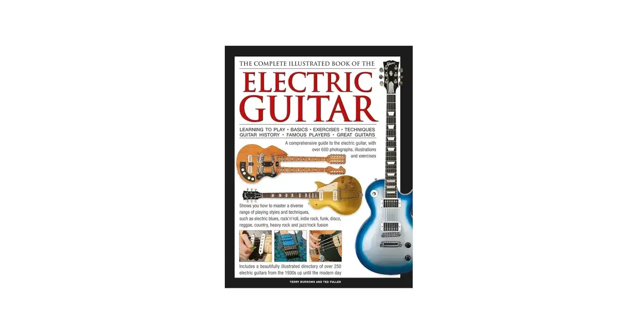 Książka do nauki gry na gitarze elektrycznej, z ilustracjami i ćwiczeniami.