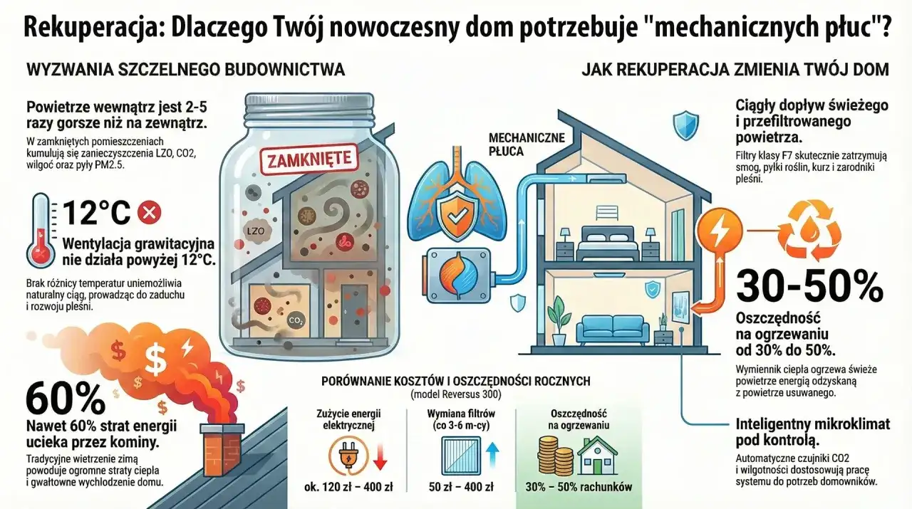 Ilustracja pokazuje system rekuperacji, który zapewnia świeże powietrze i oszczędność energii w domu.