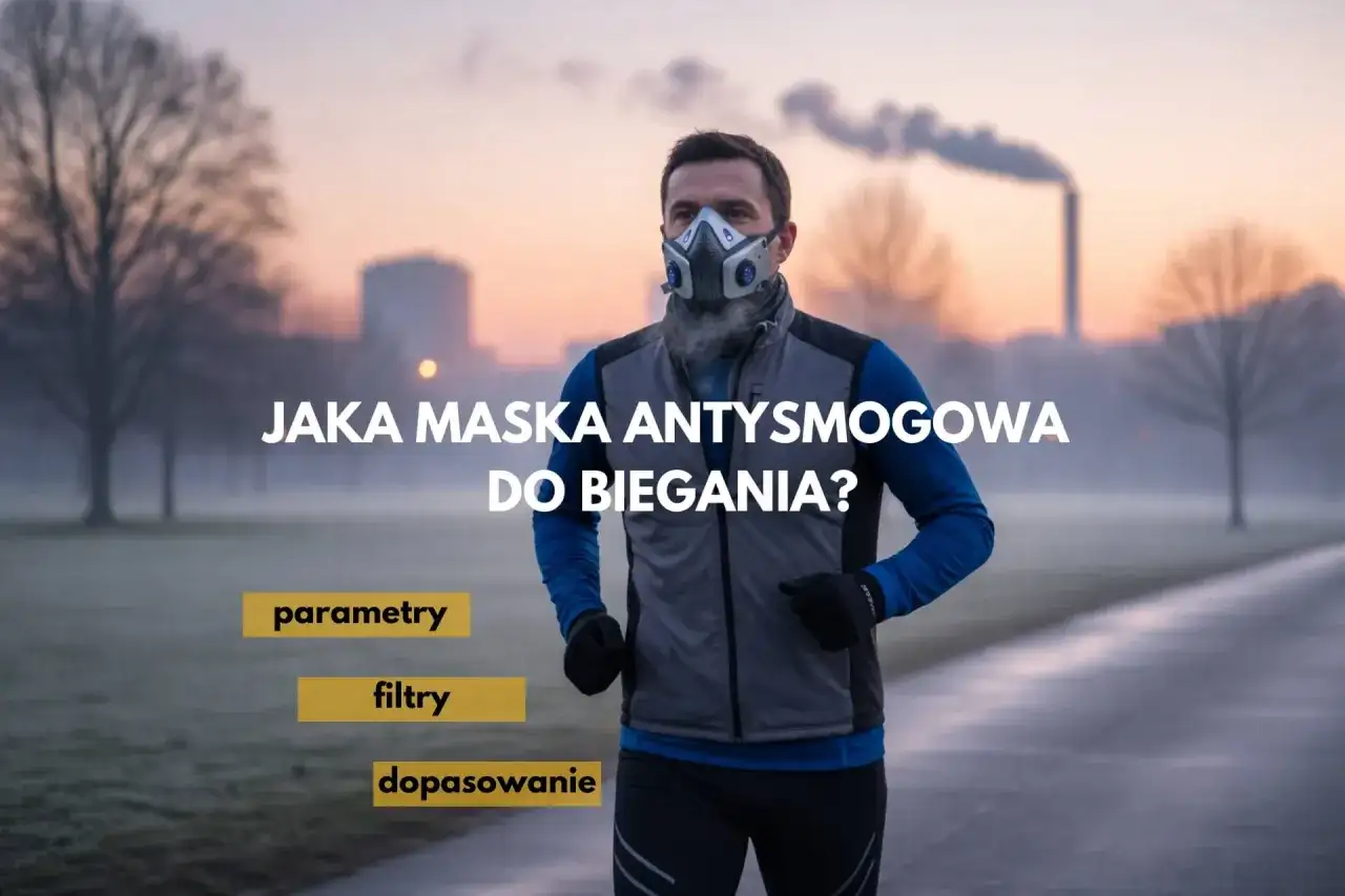 Mężczyzna w masce antysmogowej do biegania, podczas porannego treningu w zadymionym otoczeniu.