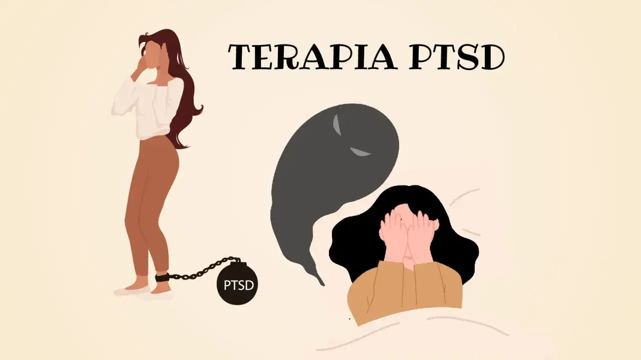 Kobieta z łańcuchem PTSD na nodze i druga w łóżku, zakrywająca twarz przed cieniem. Terapia PTSD to droga do wolności.