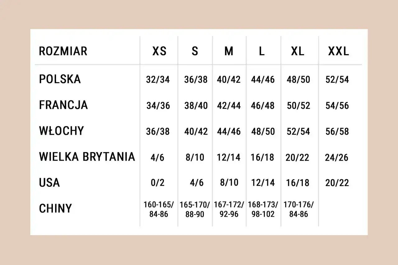 Tabela rozmiarów: polskie 32/34, francuskie 34/36, włoskie 36/38, brytyjskie 4/6, USA 0/2, chińskie 160-165/84-86. Jaki to rozmiar?