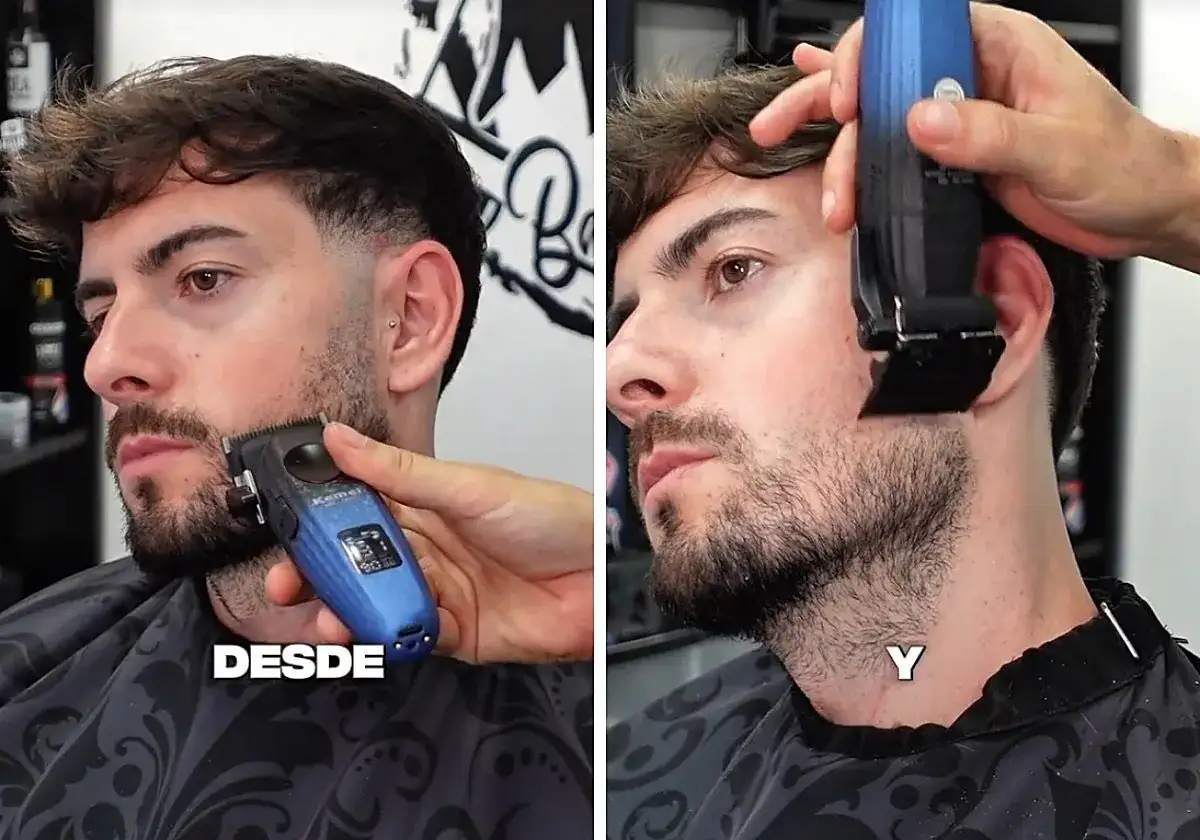 Un hombre se recorta la barba italiana con una máquina. El antes y el después de un corte de barba perfecto.