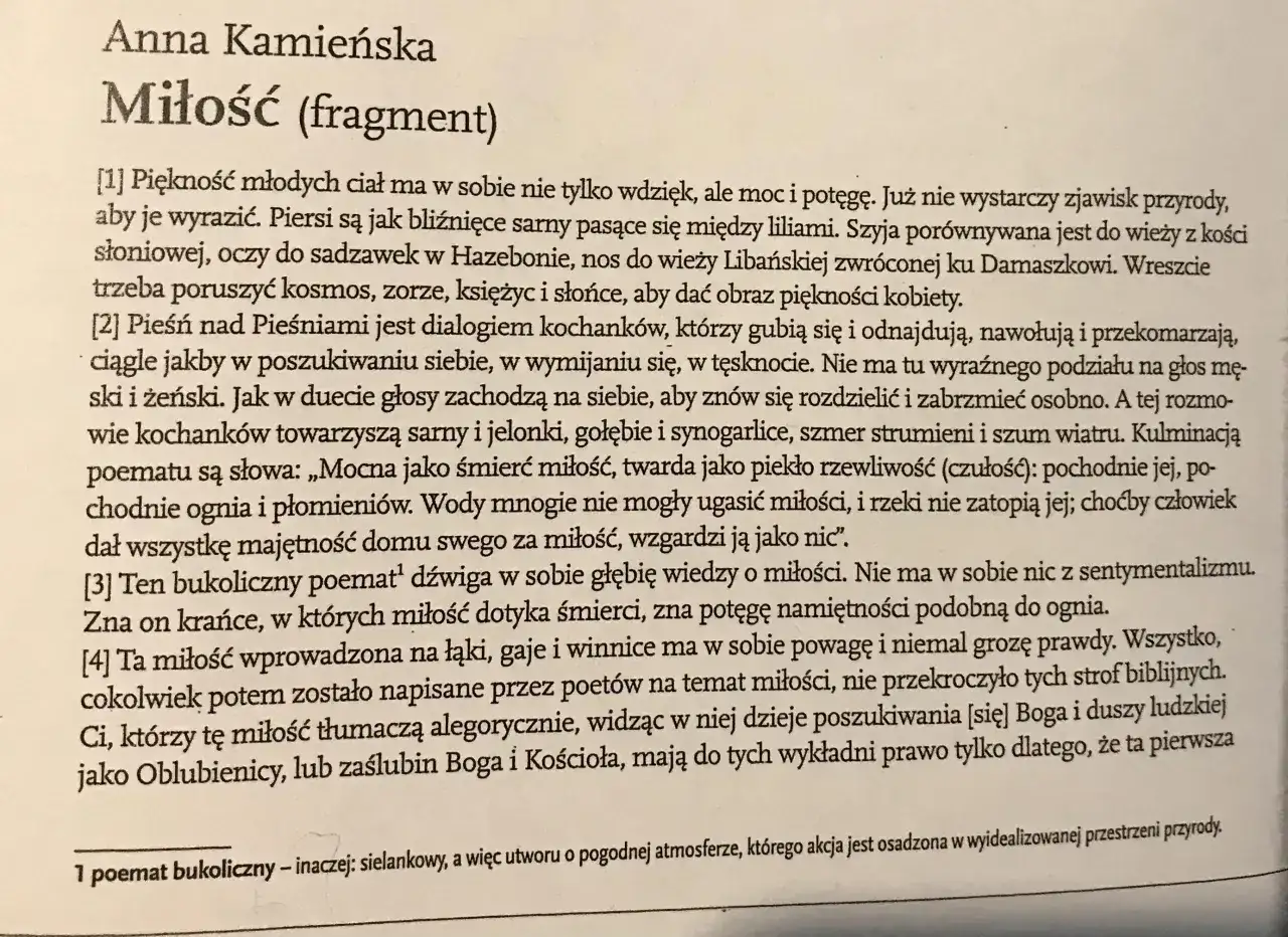Fragment "Miłości" Anny Kamińskiej. Pieśń nad Pieśniami jako dialog kochanków, opis miłości silnej jak śmierć i ogień.