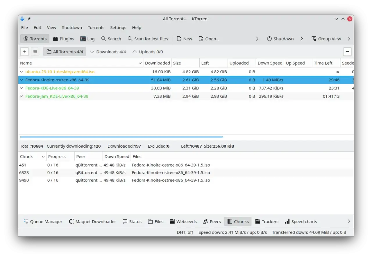 Widok programu KTorrent z listą pobieranych plików, w tym Fedora-Kinoite-ostree-x86_64-39.