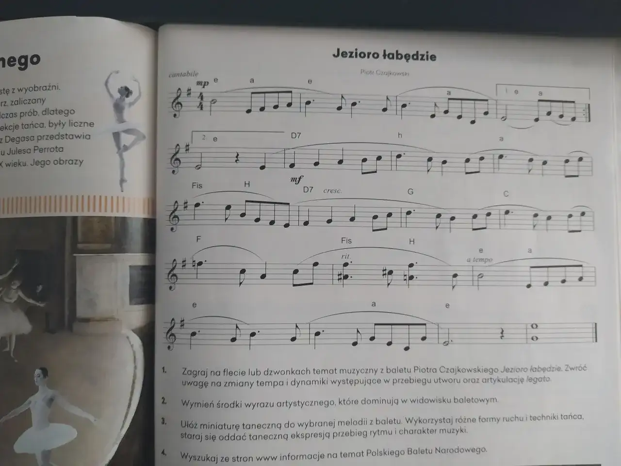 Nuty z baletu Jezioro łabędzie Piotra Czajkowskiego, z fragmentem melodii i wskazówkami dla tancerzy.