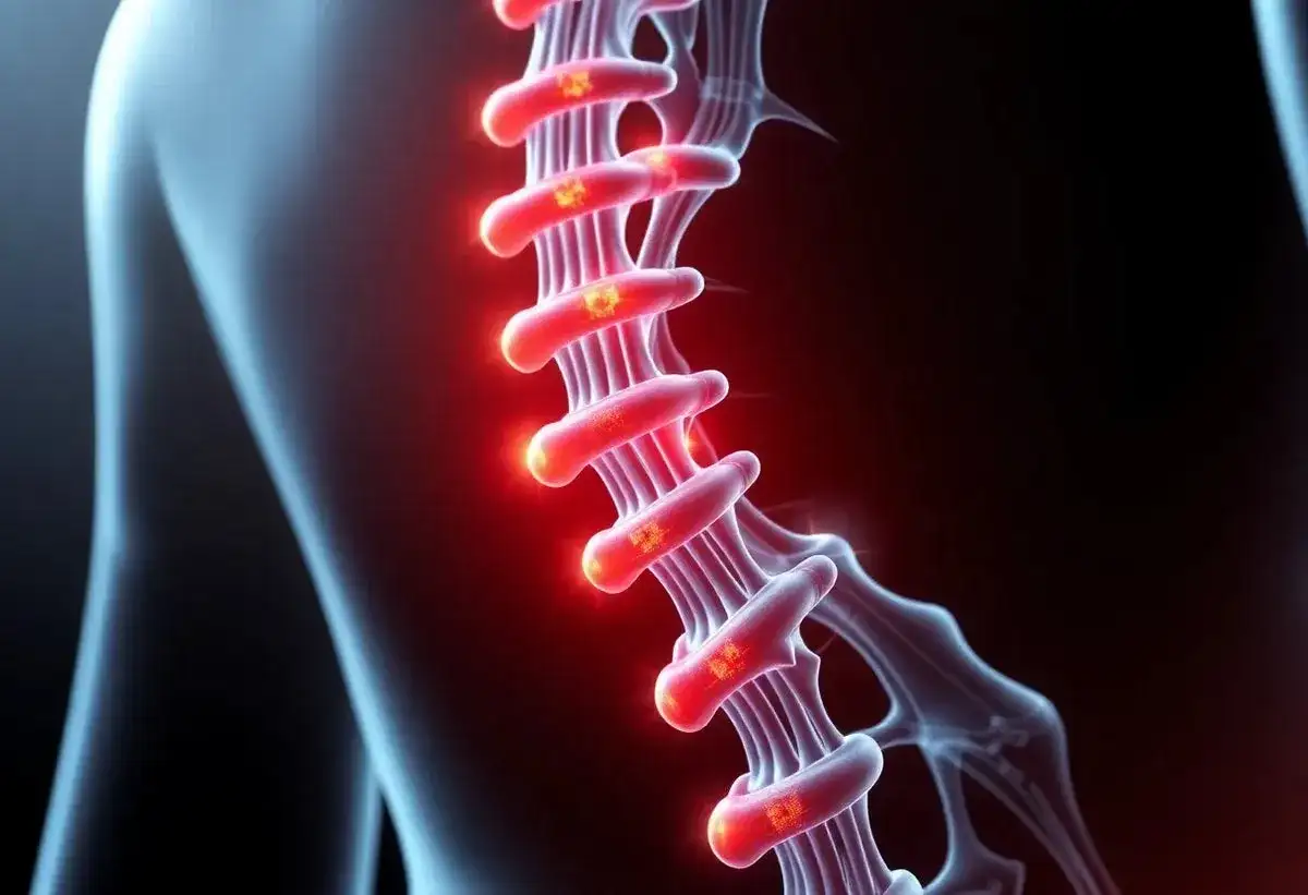 Illustration av ryggraden med glödande nervbanor som indikerar smärta eller inflammation.