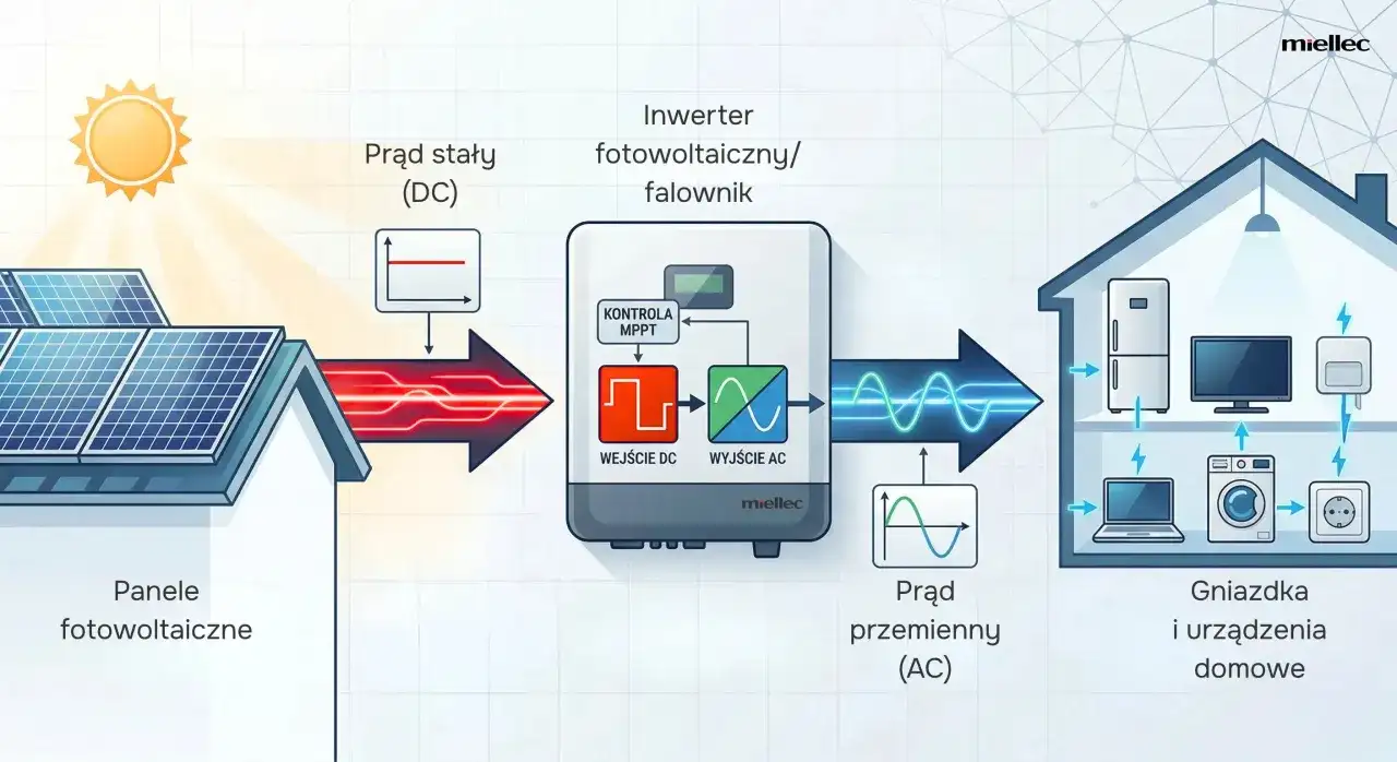 Schemat pokazuje, jak panele fotowoltaiczne przetwarzają światło słoneczne na prąd stały, który następnie inwerter zamienia na prąd zmienny dla urządzeń domowych. To nowoczesna technologia.