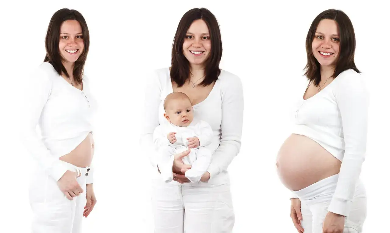 En kvinna visar sin mage under graviditeten, från tidigt trimester gravid till sent, och sedan med sin nyfödda bebis.