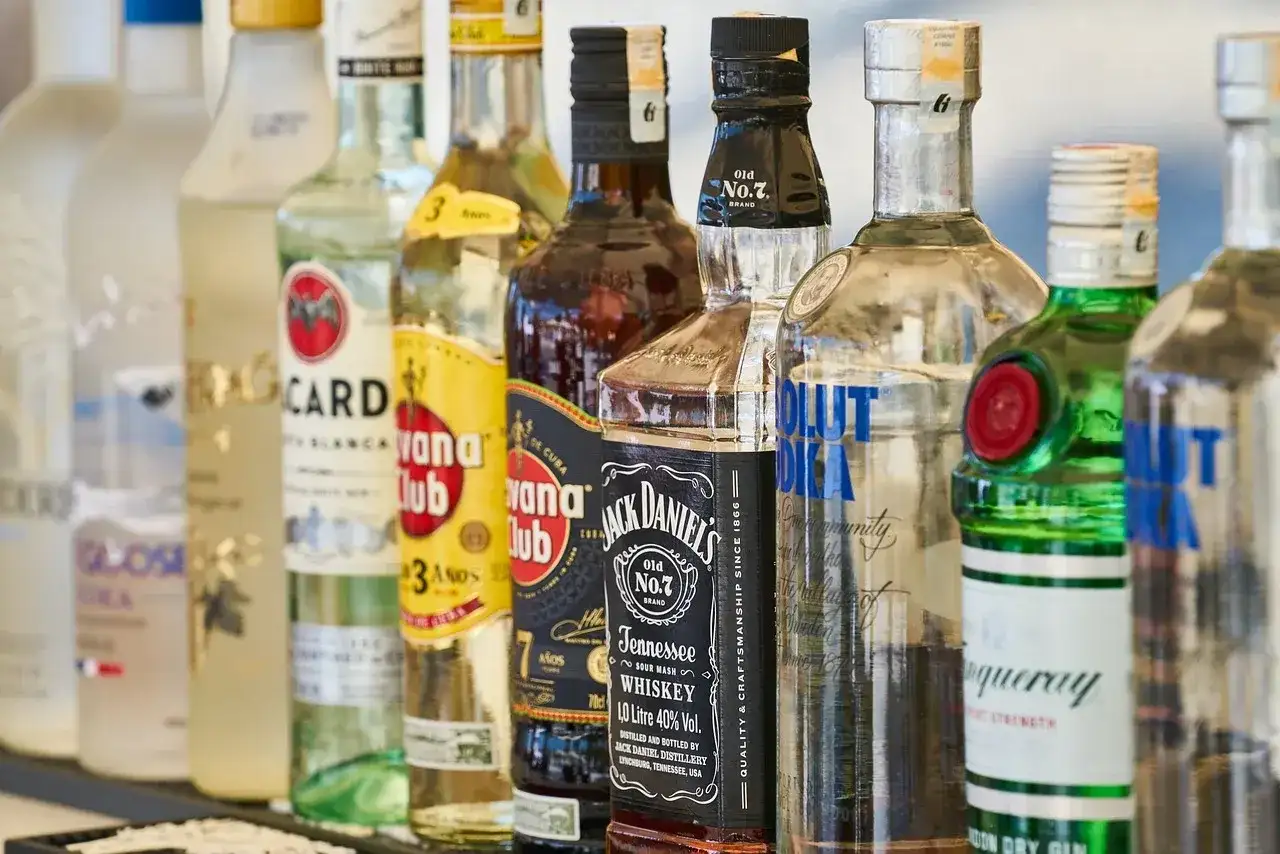 Różne rodzaje wódki i alkoholi, w tym Bacardi, Havana Club, Jack Daniel's, Absolut Vodka i Tanqueray, stoją w rzędzie.