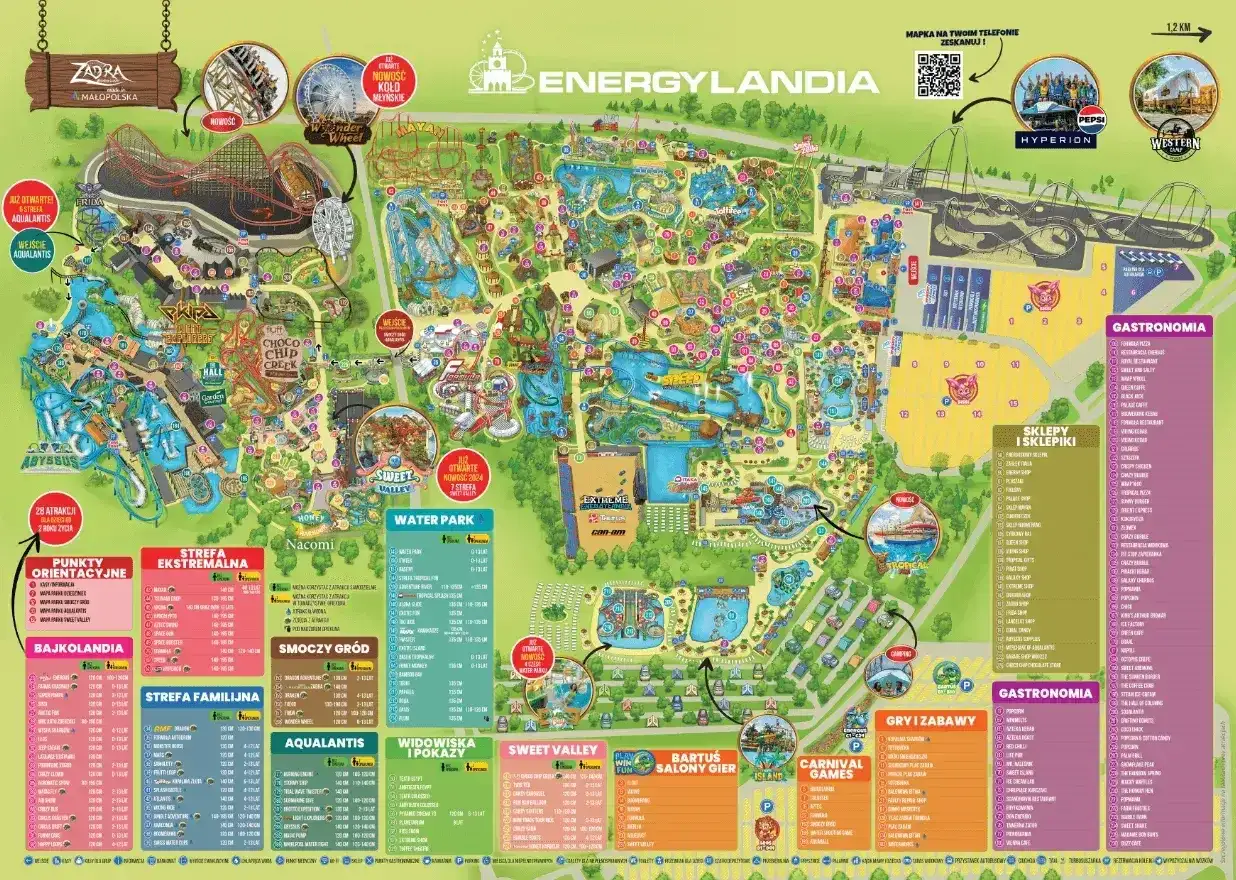 Mapa Energylandii, gdzie jest park rozrywki z atrakcjami, strefami tematycznymi, wodnym światem i gastronomią.