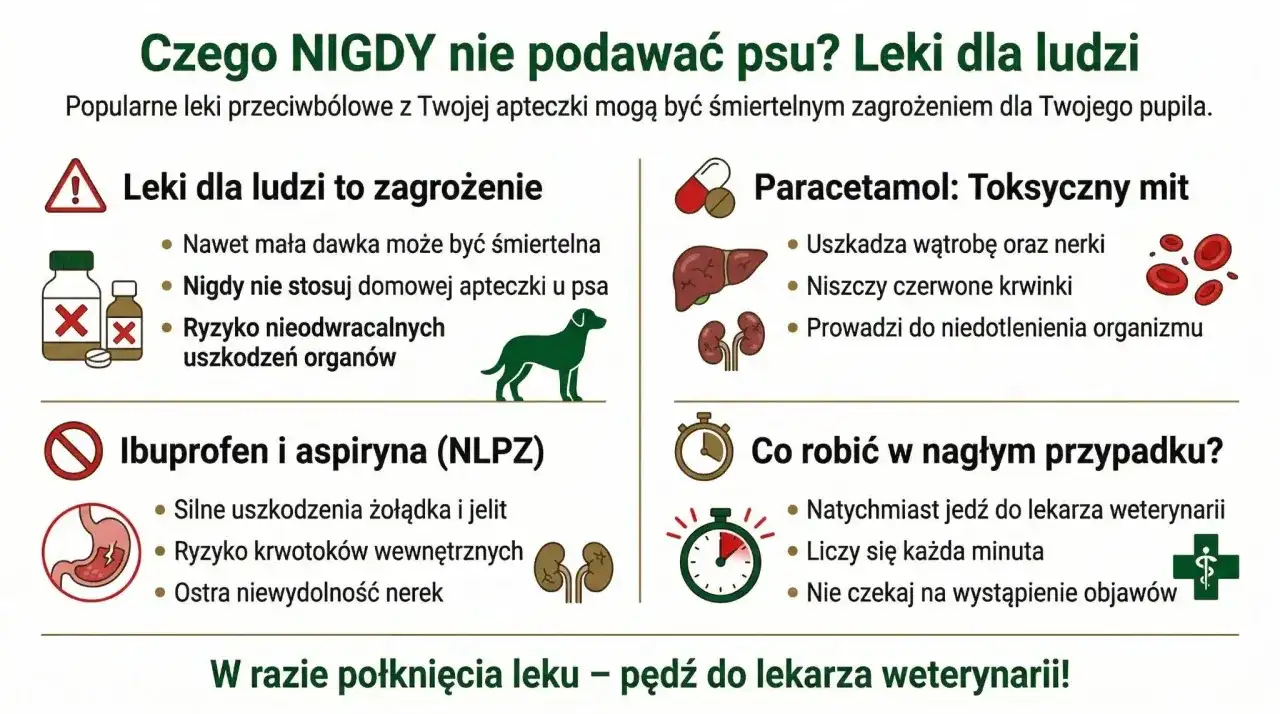 Leki przeciwbólowe dla psa mogą być śmiertelne. Nigdy nie podawaj psu leków dla ludzi, nawet w małych dawkach. W razie połknięcia leku, natychmiast udaj się do weterynarza.