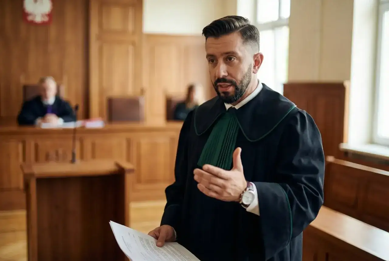 Prawnik w todze omawia kwestie wydziedziczenia i zachowku w sali sądowej.
