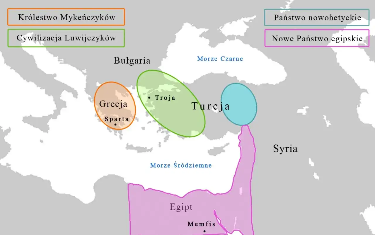 Mapa Europy i Bliskiego Wschodu z zaznaczonymi obszarami: Grecja, Troja, Egipt, Syria, Bułgaria, państwa Luwijczyków i Mykeńczyków.