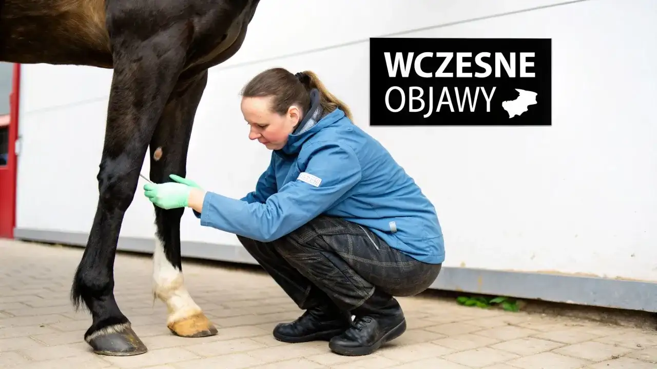 Weterynarz bada nogę konia, szukając wczesnych objawów kulawizny.