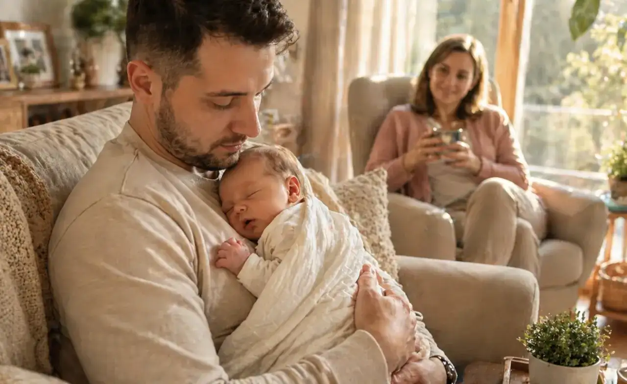 Ojciec tuli śpiące dziecko, a matka patrzy z uśmiechem. Czas na urlop ojcowski, ile płatny?