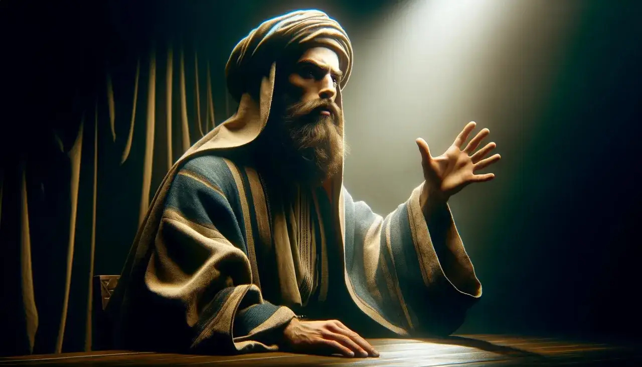 Faryzeusz w tradycyjnym stroju, z brodą i turbanem, gestykuluje ręką w świetle reflektora.