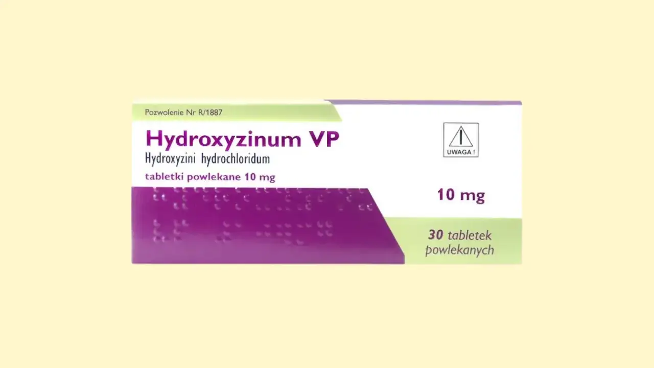 Opakowanie leku Hydroxyzinum VP 10 mg, zawierające 30 tabletek powlekanych.
