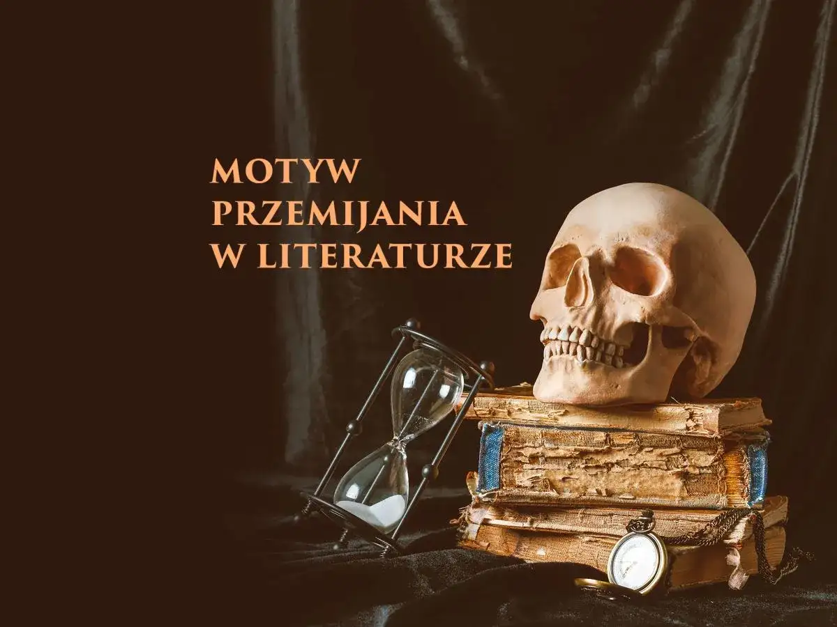 Czas ucieka, jak piasek w klepsydrze. Czaszka na zniszczonych księgach symbolizuje motyw przemijania w literaturze.