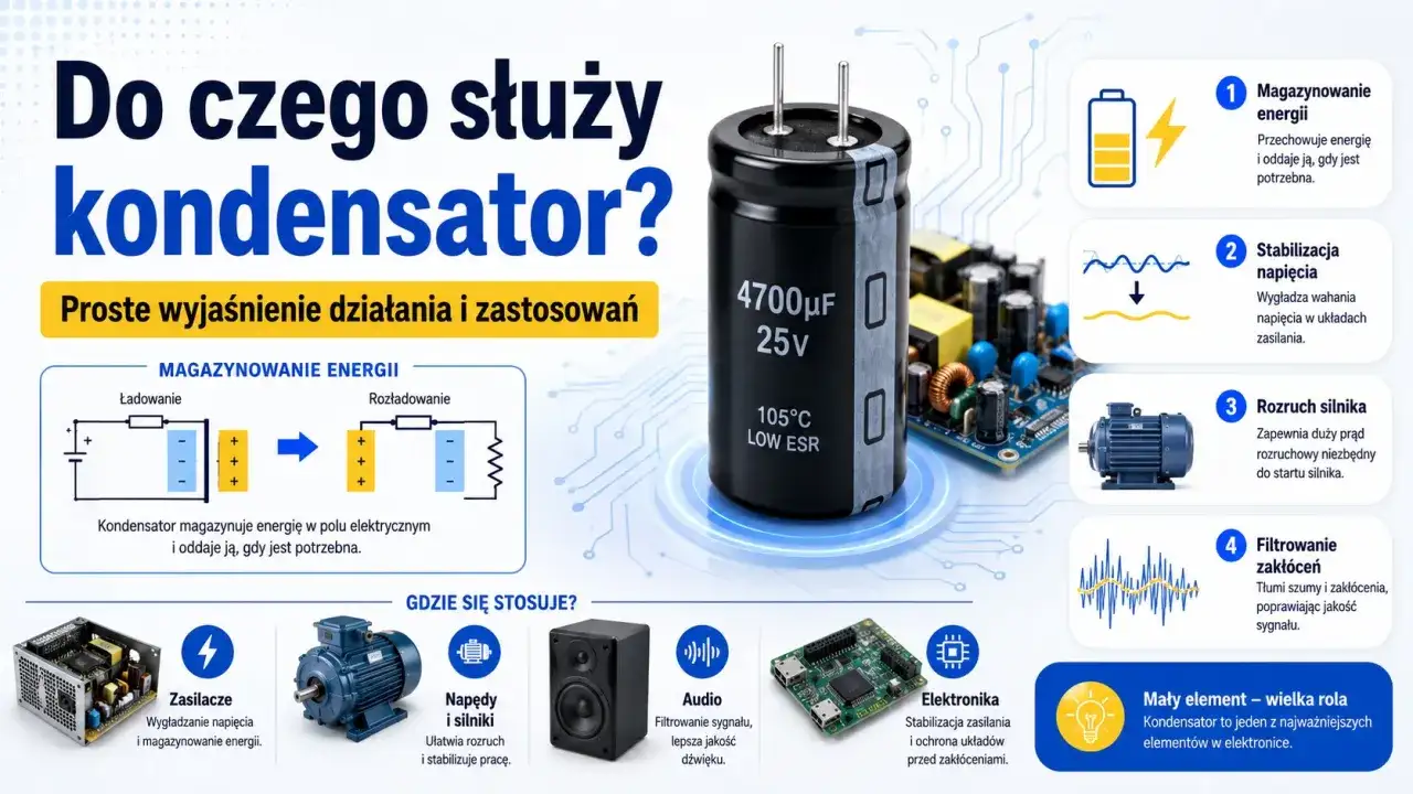 Rodzaje kondensatorów: magazynowanie energii, stabilizacja napięcia, rozruch silnika, filtrowanie zakłóceń. Zastosowania w zasilaczach, napędach, audio i elektronice.