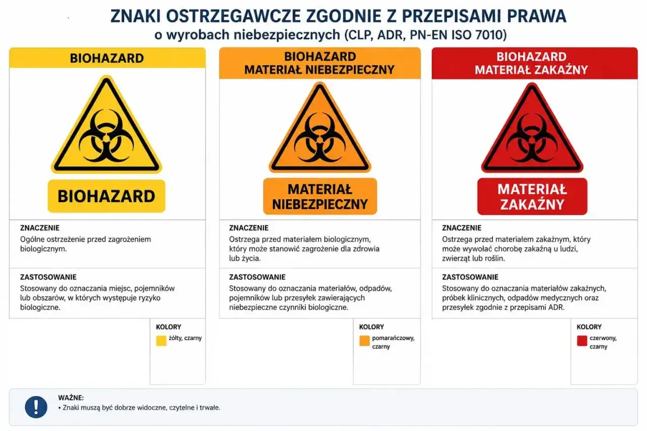 Trzy znaki ostrzegawcze: żółty "BIOHAZARD", pomarańczowy "MATERIAŁ NIEBEZPIECZNY" i czerwony "MATERIAŁ ZAKAŹNY", informujące o zagrożeniu biologicznym.