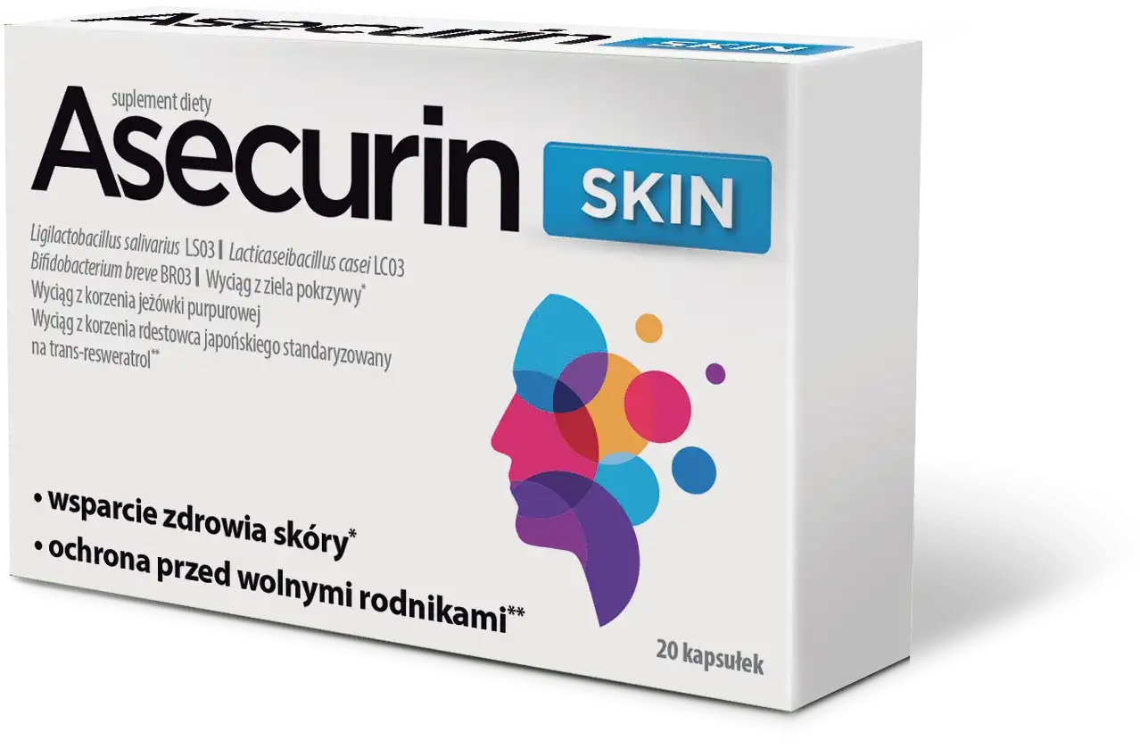 Asecurin Skin to suplement diety wspierający zdrowie skóry i chroniący przed wolnymi rodnikami.